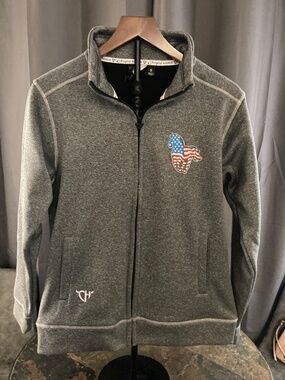 Cowgirl Hardware Gray Zip Jacket Fleece Lined American Flag Horse Western Sz S